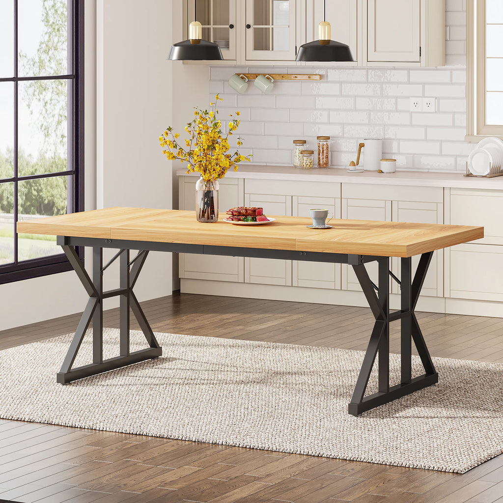 6-Seater Farmhouse Dining Table with Metal Trestle Frame and Wooden Top 180cm Kitchen Table Walnut and Black