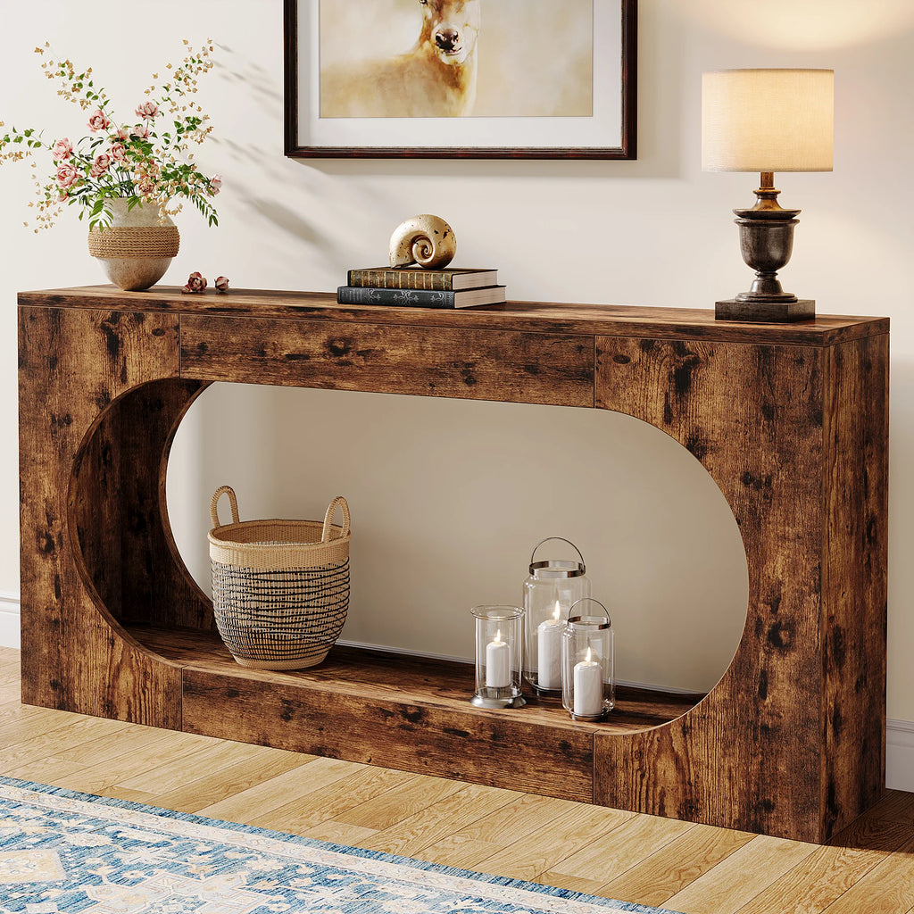 Farmhouse Console Table with 2-Tier Shelf 160cm Rustic Entryway Sofa Table Brown