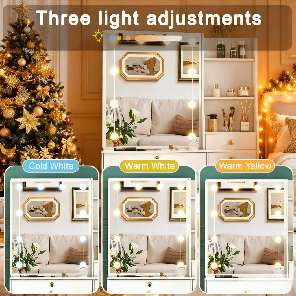 Vanity Table Set with LED Mirror, Stool and 6 Drawers Sliding Mirror Makeup Dressing Table Warm White