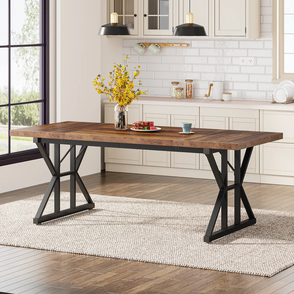 6-Seater Farmhouse Dining Table with Metal Trestle Frame and Wooden Top 180cm Kitchen Table Black and brown