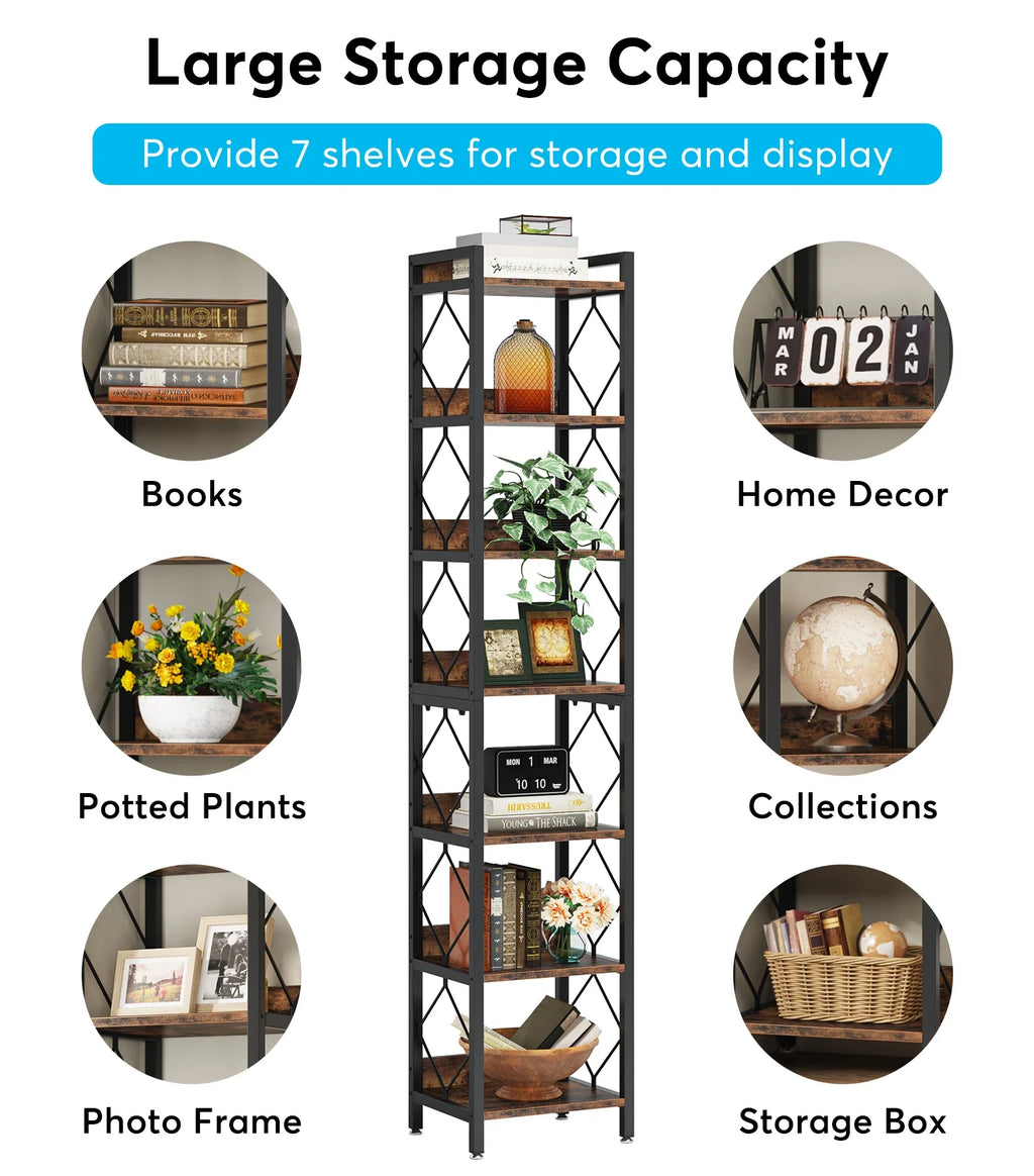 7 Tier Corner Bookshelf Tall Industrial Corner Shelf Narrow Storage Display Rack Rustic Brown & Black