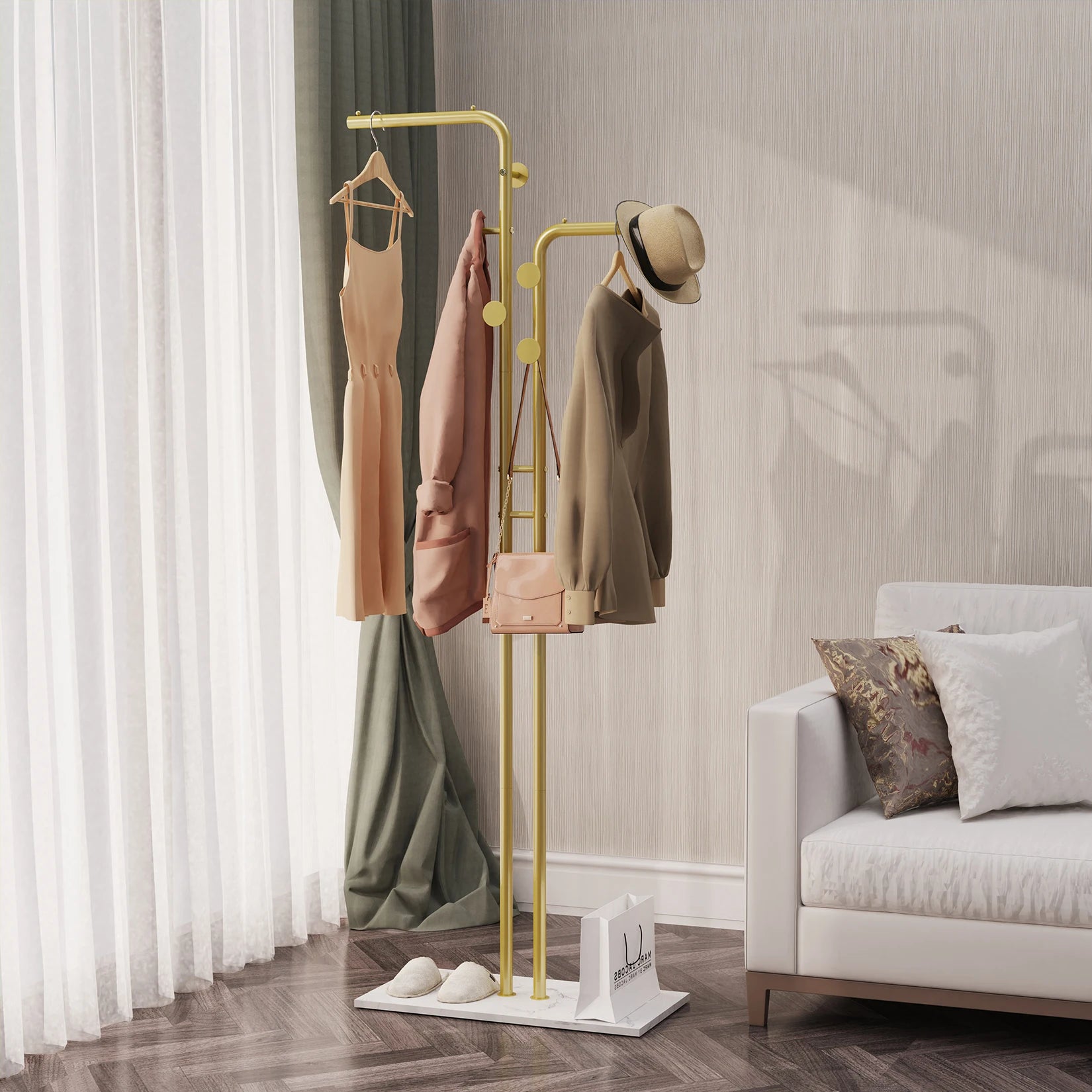 Freestanding Coat Rack with Marble Base and Metal Hooks Modern Hat and Coat Stand Gold