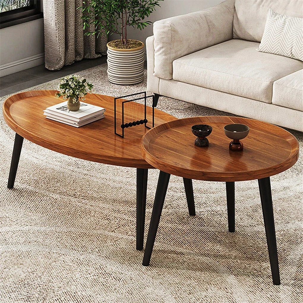 2-Piece Round Coffee Table Set with Metal Legs Modern Nesting Side Tables Walnut & Black