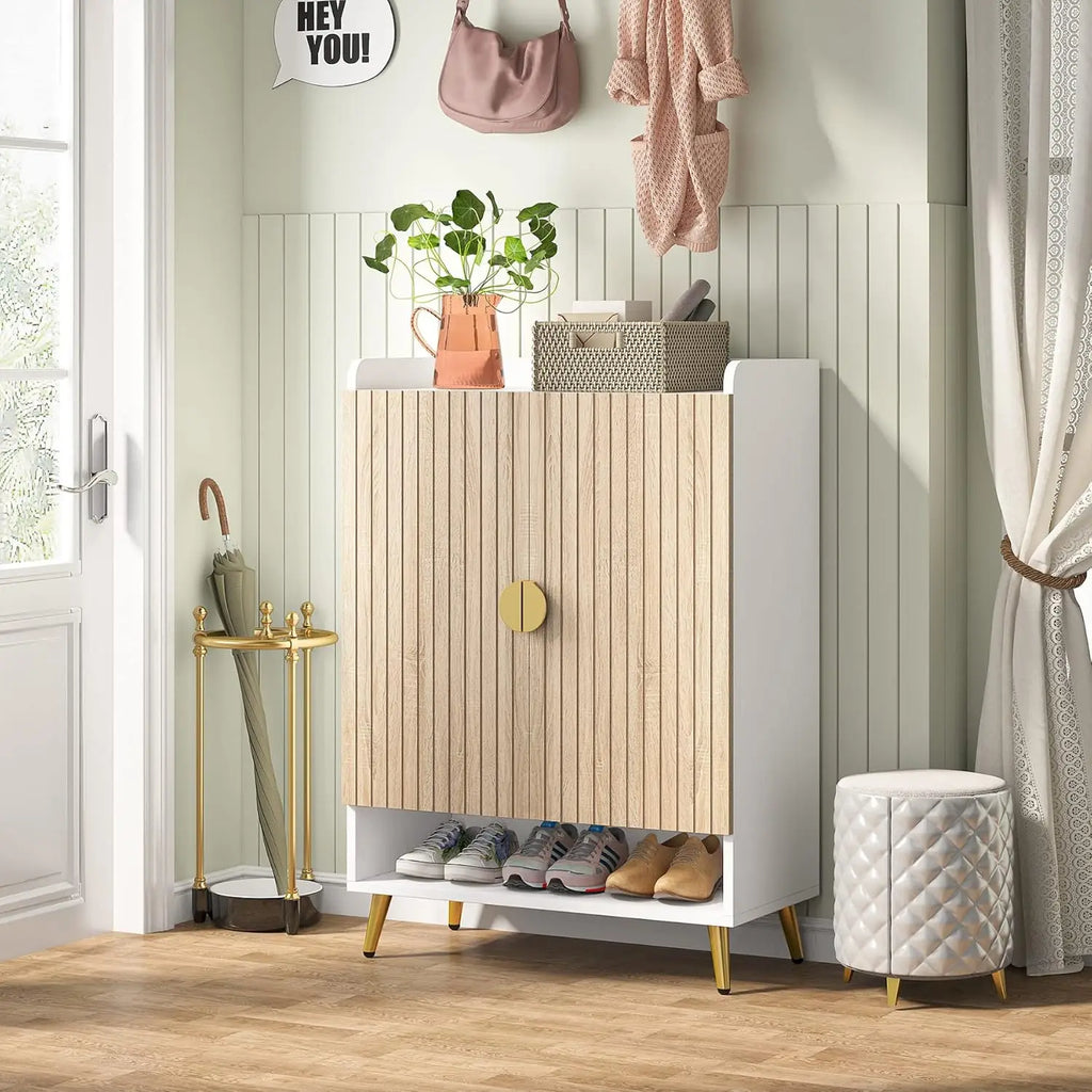 7-Tier Shoe Storage Cabinet with Doors Wooden Entryway Shoe Organiser Holds Up to 24 Pairs White and wood