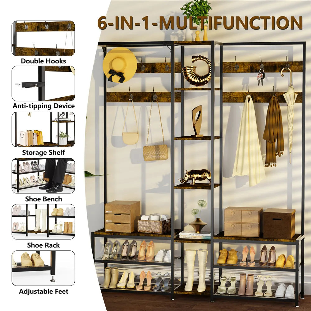 Industrial Hall Tree Coat Rack with Shelves and Metal Frame Entryway Storage Organizer Brown