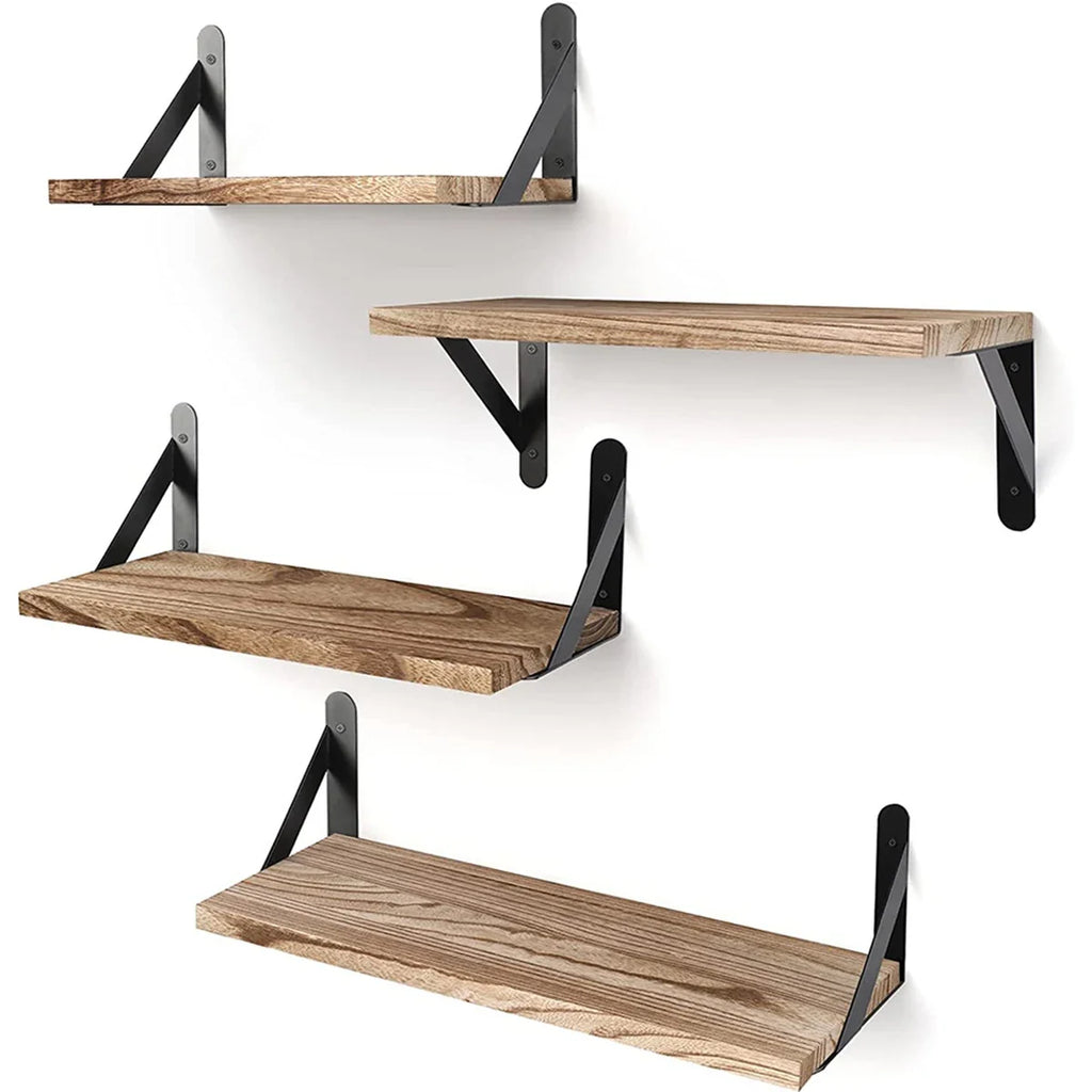 Floating Wall Shelves Set of 4 Wooden Wall Mounted Display Shelves with Metal Brackets Wood