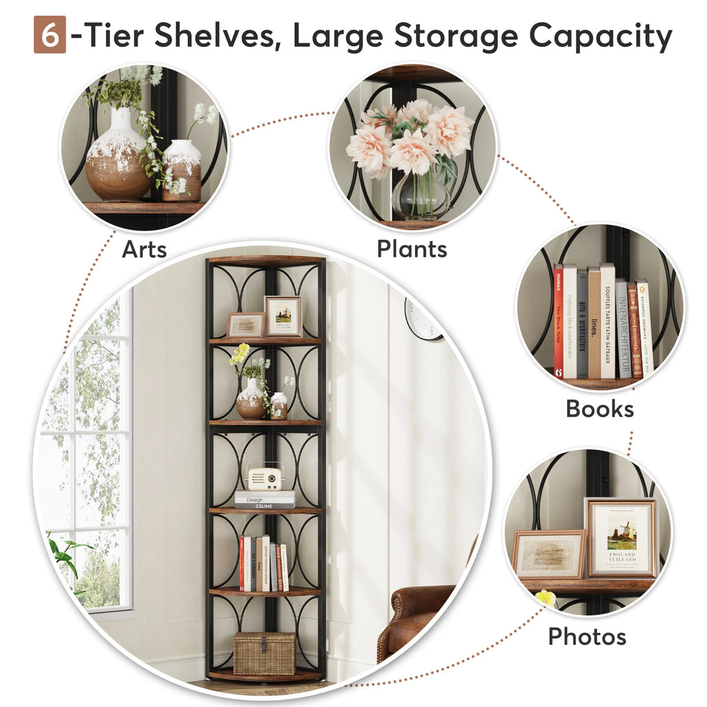 6 Tier Corner Shelf Industrial Tall Bookcase Storage Display Stand for Living Room Office