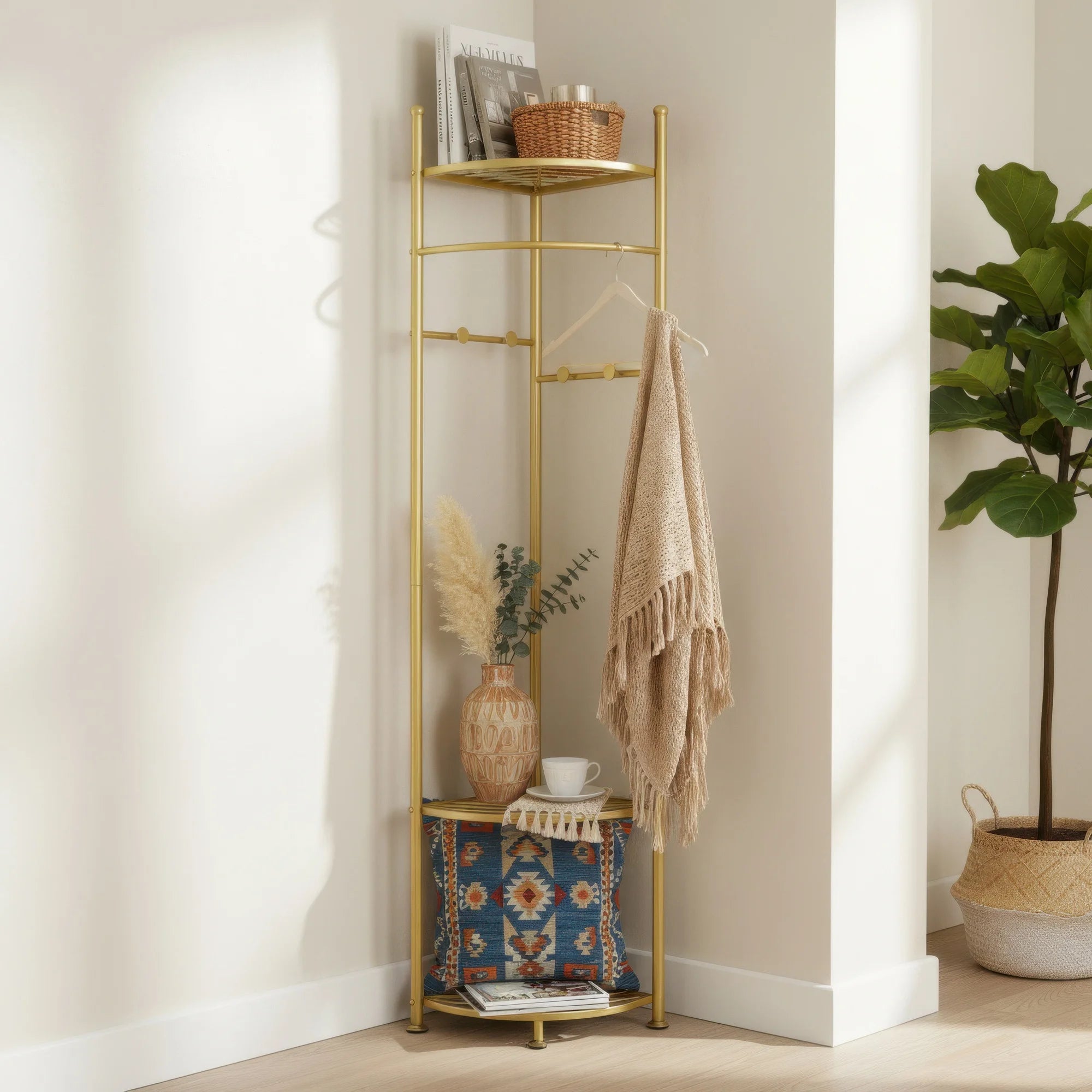 Gold Metal Coat Rack Stand with Shelves Freestanding Corner Clothes Rack Natural Wood