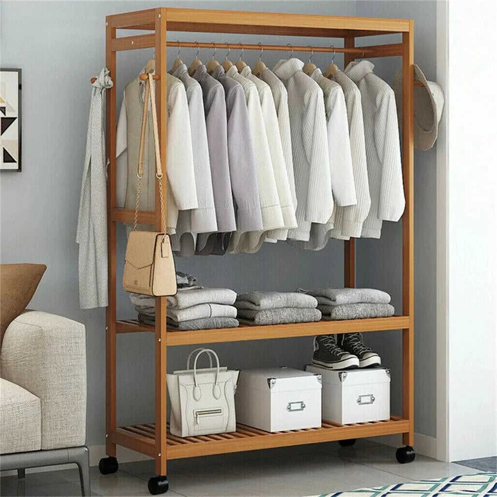 Bamboo Clothes Rack with Shelves, Hooks and Wheels Freestanding Garment Rack Natural Wood