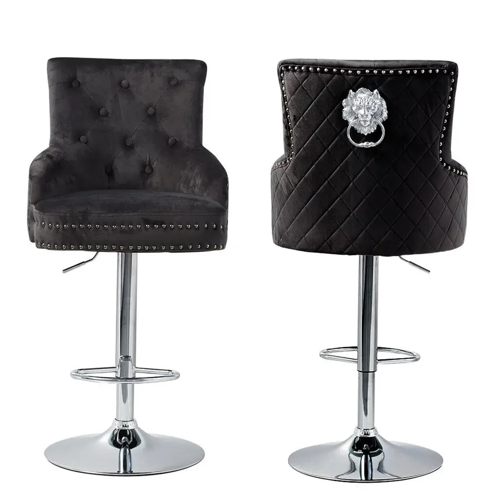 Adjustable Swivel Bar Stool with Velvet Seat and Metal Base Vintage Counter Stool Black