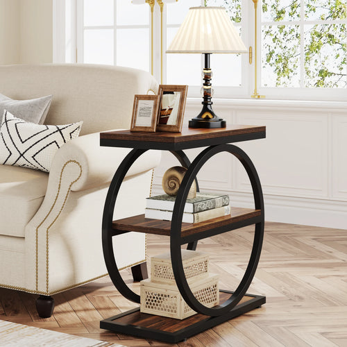 3-Tier Industrial Side Table with Metal Frame and Wooden Shelves Slim Storage End Table